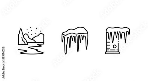 Winter Landscape and Icicle Icons: Frozen Environment and Cold Weather Conditions