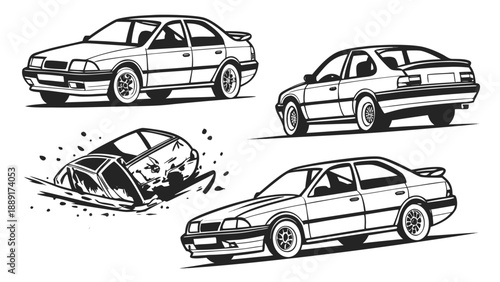Detailed illustrations of a classic sedan car from various angles black and white silhouette high quality