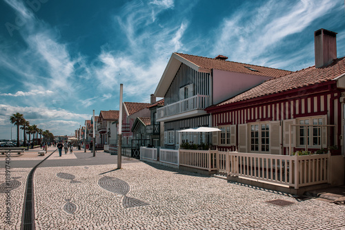 Costa Nova, Aveiro, Portugal: colorful striped houses called Palheiros at street