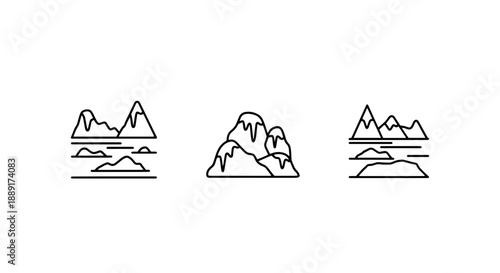 Minimalist vector line art icons depicting various mountain landscapes with rivers or lakes, symbolizing nature, travel, and adventure in a clean, modern design.