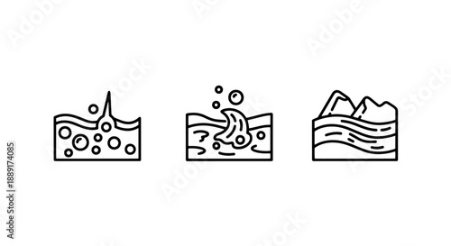 Set of clean line art vector icons representing various water phenomena including bubbling liquids, flowing streams, and frozen water with ice caps, ideal for environmental or scientific themes.