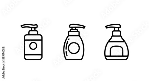 Elegant line art vector icons showcasing various designs of pump dispenser bottles for liquid soap, lotion, or sanitizer, perfect for hygiene and beauty product themes.