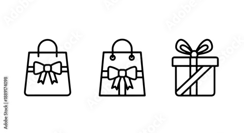Delightful line art vector icons depicting various gift bags and a wrapped present with elegant bows, perfect for celebrations, holidays, and shopping themes.