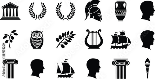 Ancient Greek Icons Temple Laurel Wreath Helmet Amphora Ship Head symbol