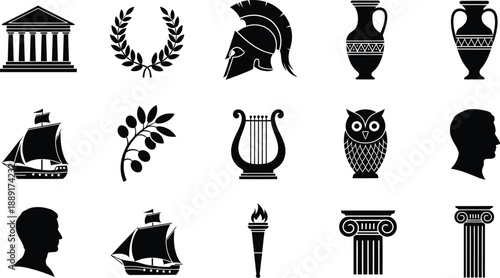 Ancient Greek Icons Silhouette Collection Including Temple Laurel Wreath Helmet Amphora Ship Owl and Column