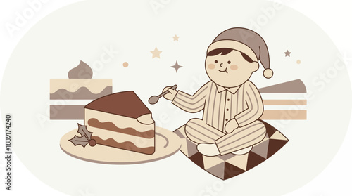 Child Enjoying Cake Pajamas Cozy Sweet Treat Comfort Delight