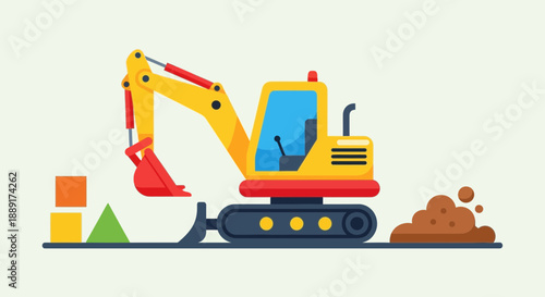 Childlike Excavator Playing With Building Blocks And Dirt