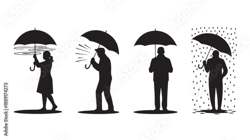 Silhouetted people holding umbrellas in various conditions with dramatic lighting for weather illustration