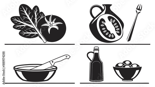 Black and white culinary icons depicting fresh ingredients and dining tools silhouette high quality professional detailed
