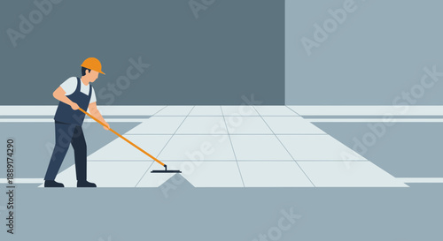 Cleaner Mops Tiled Floor In Minimalist Architectural Space