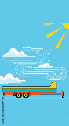 Colorful Flatbed Trailer Under A Bright Sunny Sky With Swirling Clouds