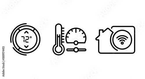 Smart Home Thermostat and Climate Control Icons Illustrating Temperature Regulation, Energy Efficiency, and Wireless Connectivity for Modern Living