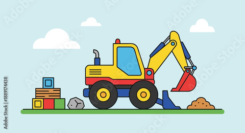 Colorful Toy Excavator Machine Digging Construction Site Scene Simple Vector Illustration