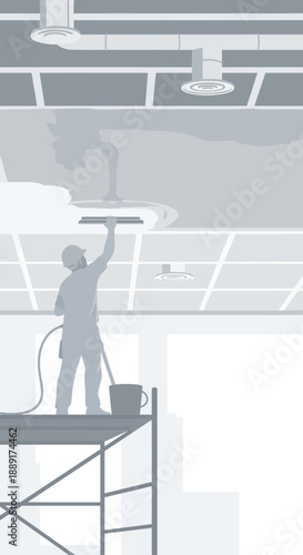 Commercial Building Maintenance Worker Repairing Ceiling System Safely Working at Heights