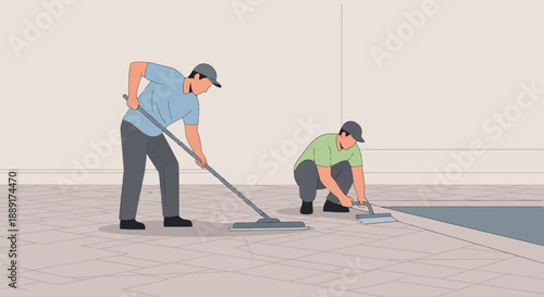 Commercial Cleaning Crew Performing Floor Maintenance Together