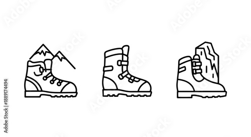 Robust Hiking Boots Icons for Mountaineering, Rock Climbing, and Outdoor Adventures, Showcasing Durable Footwear for Challenging Terrain