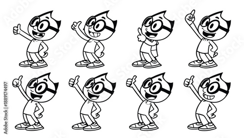 Repeated cartoon boy with glasses in various poses a bold black and white silhouette high quality
