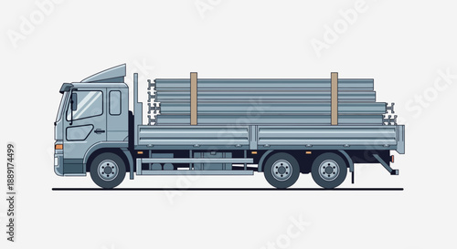 Commercial Flatbed Truck Transporting Metal Beams For Construction Industry Projects