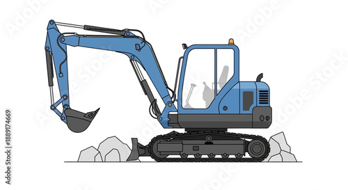 Compact Blue Excavator Digging Rocks Construction Machine Isolated