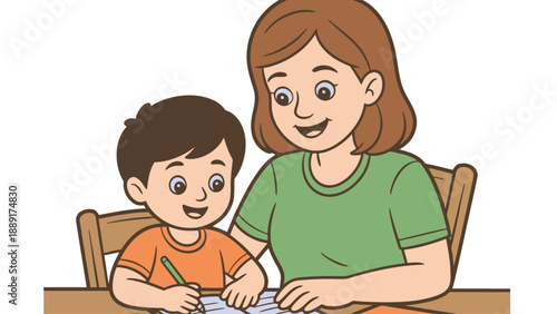 A woman helping a young boy with his homework at a desk