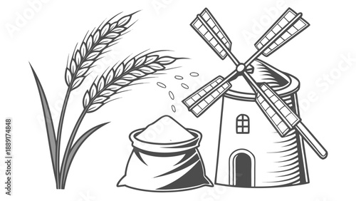 Vintage illustration depicting a windmill wheat and flour sack in a dark silhouette high quality professional