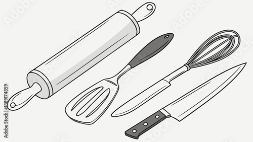 Sketch of baking tools including a rolling pin whisk spatula and knife silhouette high quality professional