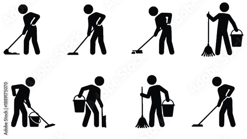 A collection of black silhouette icons depicting people cleaning and sweeping