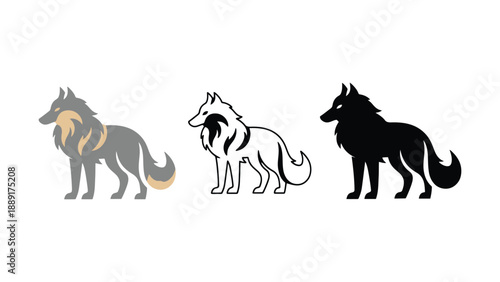 Three wolf silhouettes in different colors on a white background