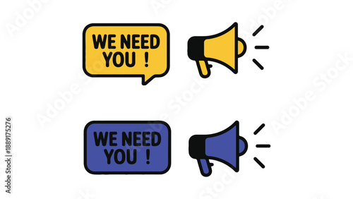 Call for action with "we need you" message and megaphone icons, inspiring engagement and recruitment.
