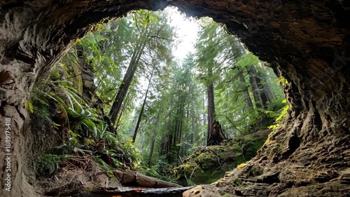View from inside a cave looking out at a lush forest