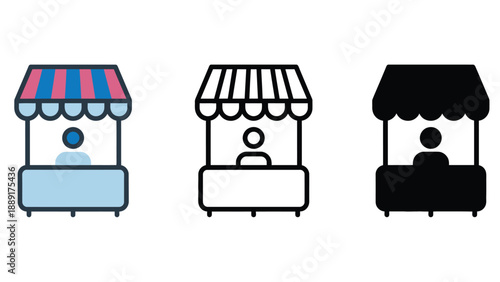 Three different colored market stall icons on a white background