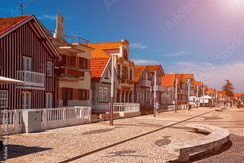 Costa Nova, Aveiro, Portugal: colorful striped houses called Palheiros at street
