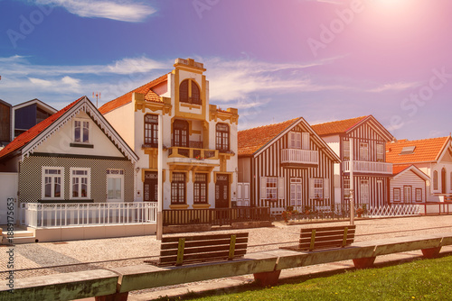 Costa Nova, Aveiro, Portugal: colorful striped houses called Palheiros at street