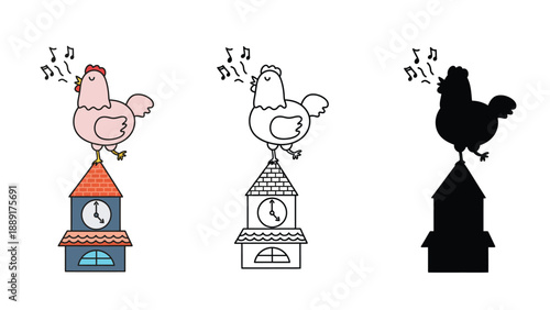A cartoon rooster sings on top of different clock towers in various colors