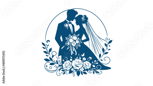 Elegant silhouette of a bride and groom embracing, surrounded by delicate floral arrangements, celebrating love and commitment.