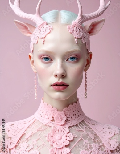 Female portrait with porcelain skin wearing delicate pink lace veils, translucent crochet textures, romantic Victorian-inspired headpieces.