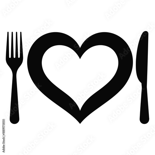 Heart shape plate with fork and knife silhouette on transparent background romantic dinner symbol for restaurant cafe catering dating service wedding anniversary food health concept art