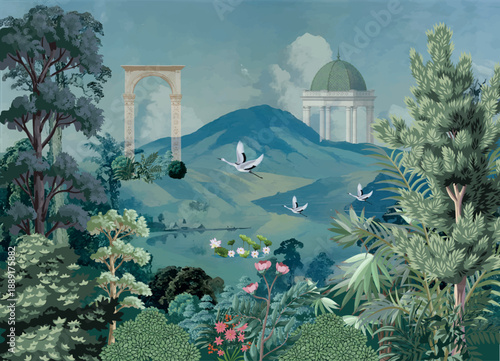 Mughal garden wallpaper mural Design, hill lake, Dome, brds, traditional mughal background, watercolor background.