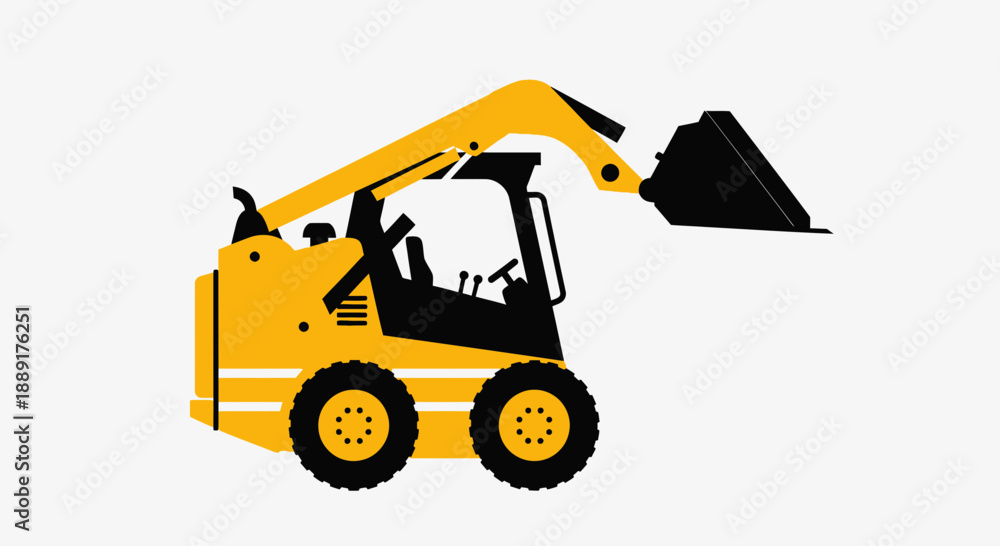 Naklejka premium Compact Construction Vehicle With Lifted Bucket Isolated On White