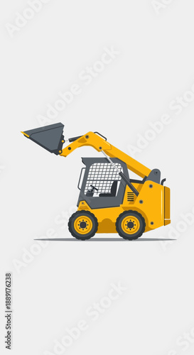 Compact Construction Vehicle With Bucket Lifted High Up For Work