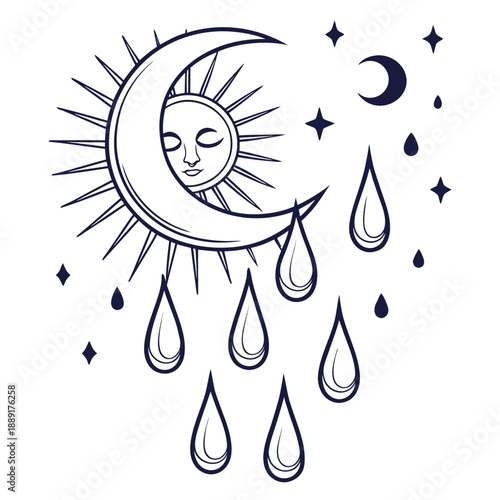 Whimsical sun and moon with raindrops and stars in mystical design