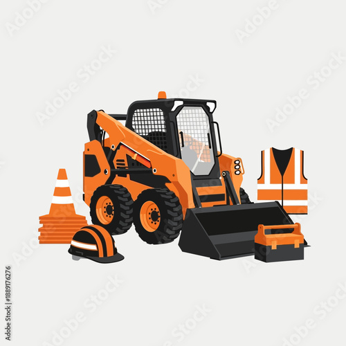 Compact Construction Vehicle With Safety Gear And Traffic Cones For Urban Development Projects