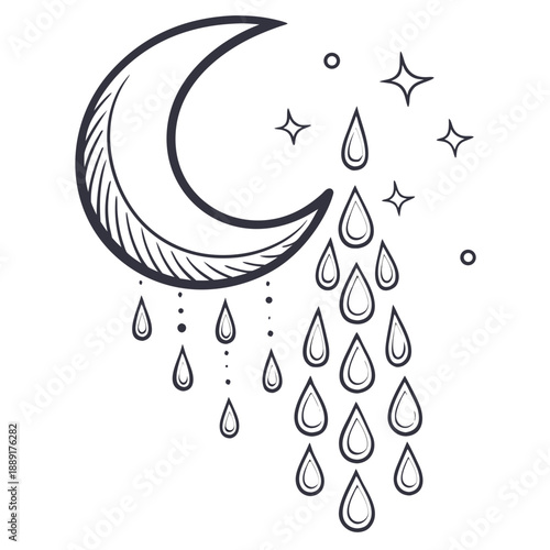 Moon with raindrops and stars illustration
