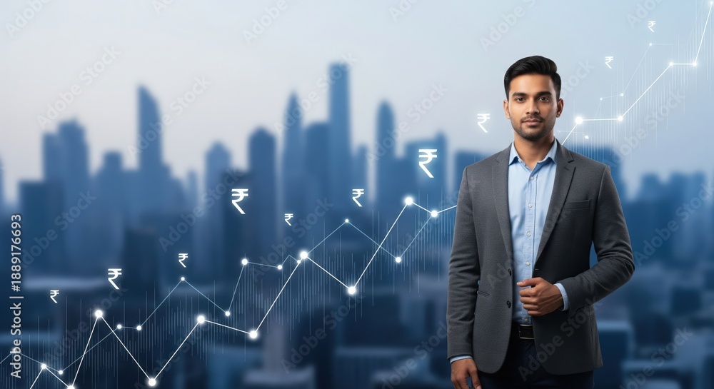 Fototapeta premium Smart Investment Mindset with Young Indian Investor and Growth Chart