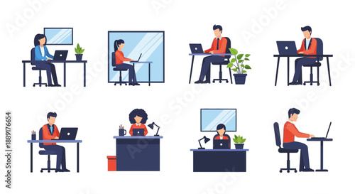 Office workers engaged in various tasks on computers in a modern workspace environment from an overhead viewpoint