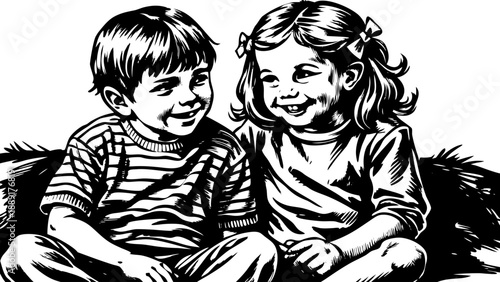 Very beautiful portrait of two young children sitting together, sharing a joyful and innocent moment, highlighting sibling bond, friendship, and childhood happiness in a bright and peaceful setting.