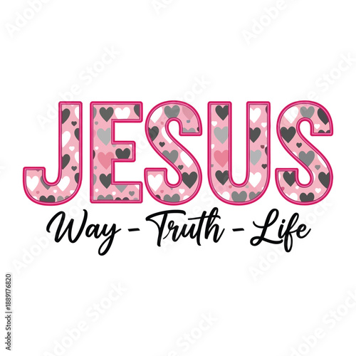 Quadro em tela Jesus Way Truth Life Christian Typography with Heart Pattern on White
