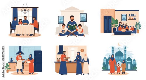 Family members engaging in daily activities at home and in places of worship illustrated in a modern style from various viewpoints