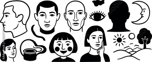 Black and white line art collection of diverse human faces with facial expressions and nature symbols simple illustration