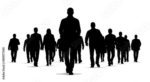 A leader walks forward as a crowd follows from behind, silhouetted figures walking together in unison, people moving as one, illustration, rear view.